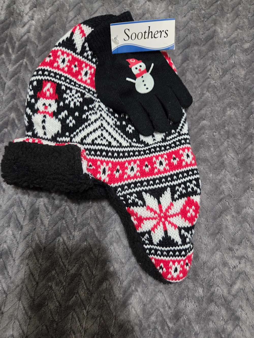 Soothers Kids Fair Isle Trapper Hat with Snowman Mittens in Black & Red